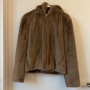 Theory Tan Faux Fur Hooded Jacket